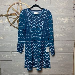 New Eliza J blue geometric sweater dress